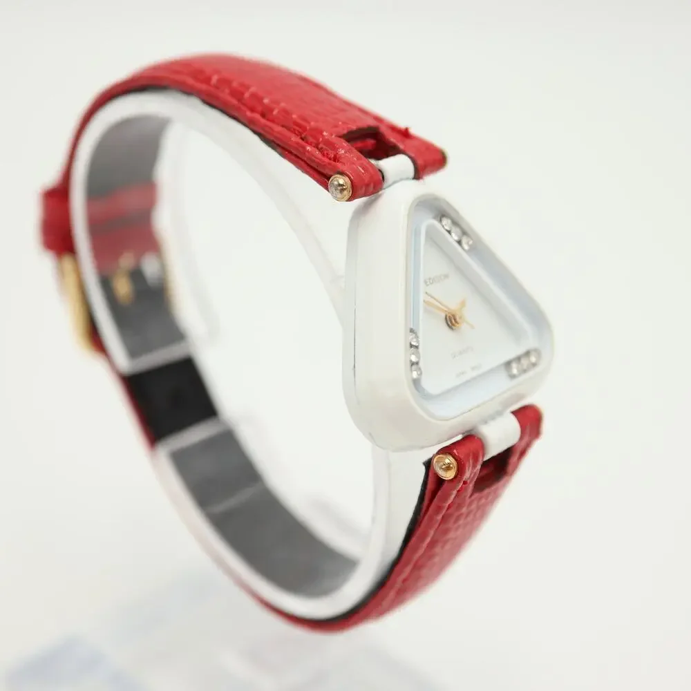Vintage Edison White Triangle Art 26mm Womens Watch Red Leather w New Battery